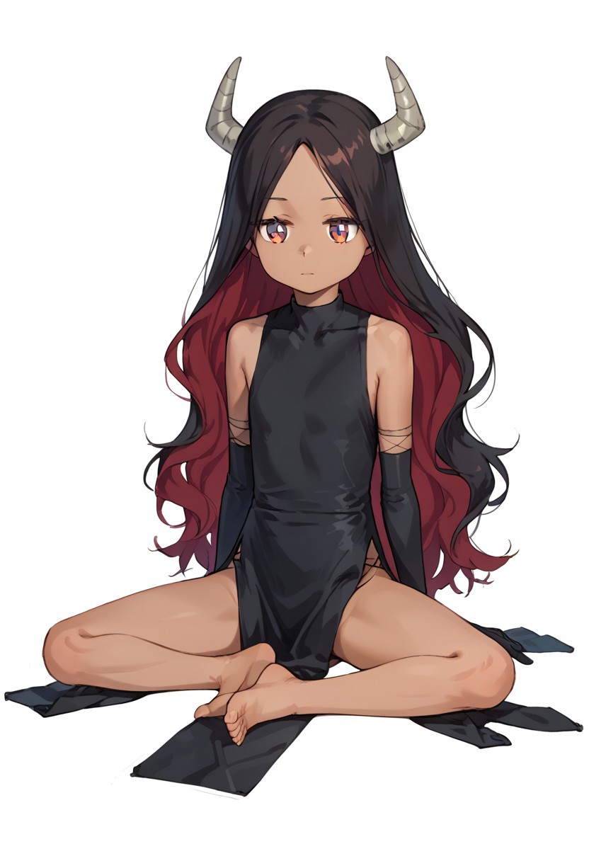 score_9, score_8, score_7, source_anime, maou, oekaki, sleeveless shirt, side slit, gloves, sitting, pelvic curtain, collarbone, full body, black gloves, :t