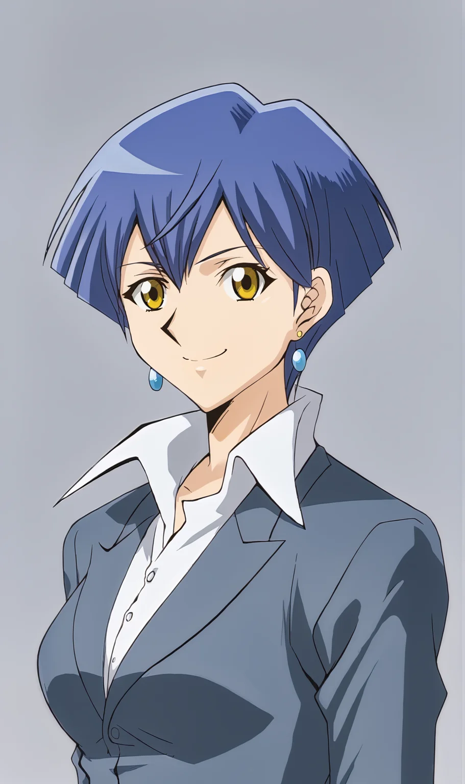 MS, 1girl, solo, blue hair, short hair, yellow eyes, earrings, white collared shirt, long grey jacket, grey background, simple background, standing, smile, looking at viewer, portrait,<lora:Mina Simington Pony XL:1>