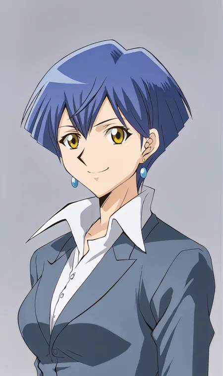 MS, 1girl, solo, blue hair, short hair, yellow eyes, earrings, white collared shirt, long grey jacket, grey background, simple background, standing, smile, looking at viewer, portrait,<lora:Mina Simington Pony XL:1>
