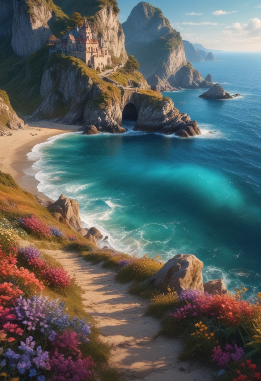 fantasy style, seaside, masterpiece, best quality, fantasy world magical landscape, ((realistic)), intricate details, 8k, highres, sharp image, sharp focus, mesmerizing, ultra detailed, highiest texture resolution, vivid colors, high quality and detailed scenery, highly detailed image, dynamic angle, depth of field