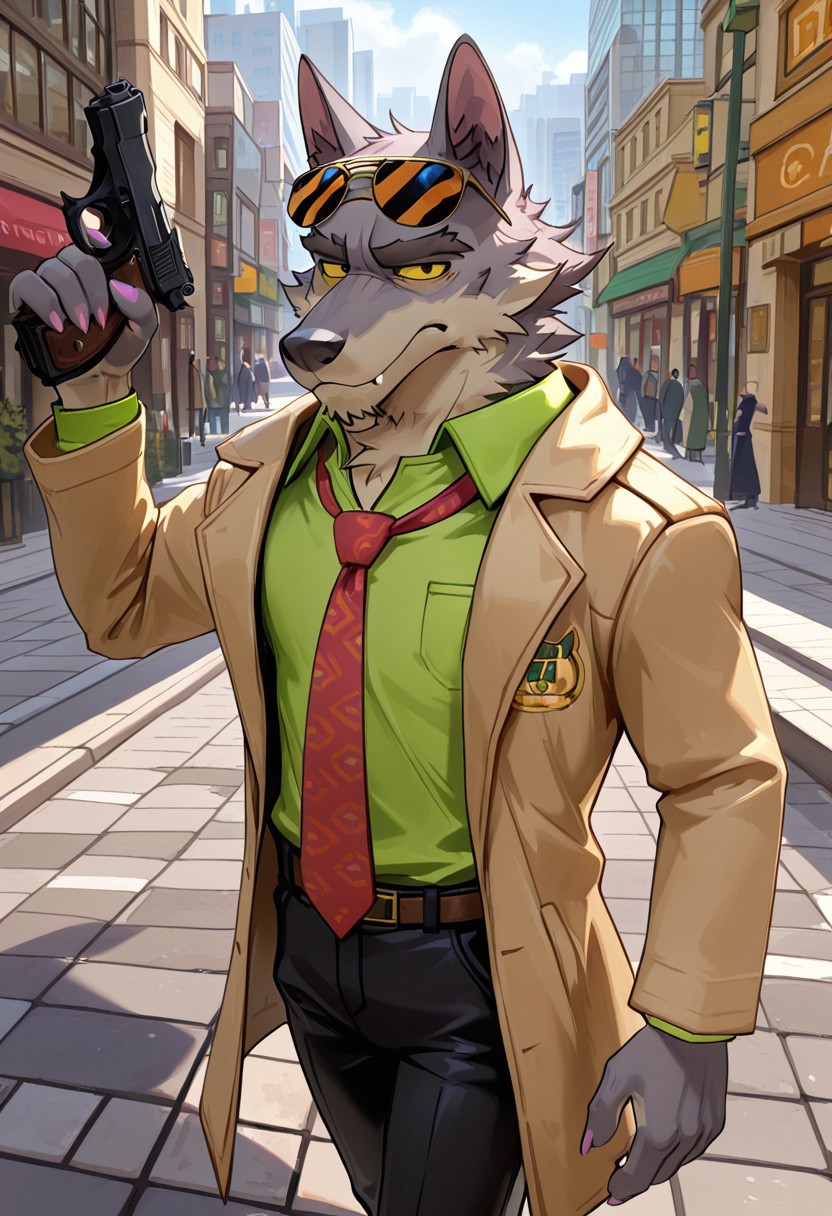 masterpiece, best quality, amazing quality, very aesthetic, absurdres, newest,  high quality, detailed, male, solo male, DaleDonovan, 1boy, mature male, male, anthro, wolf, broad shoulders, scruffy, gray fur, light tan underbelly, black eyes, yellow sclera, thick eyebrows, animal ears, green collared shirt, red tie, tan jacket, detective, sunglasses on forehead, black pants, half body, outdoors, looking at viewer, on the street, city, on sidewalk, gun in hand, focused, stern face