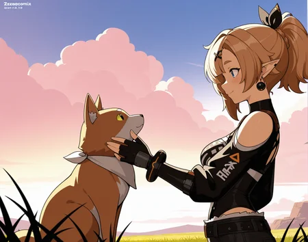 <lora:_zzz_comix_NAIXL-000020:1.1> zzzgamecomix style, best quality, masterpiece, uncensored, source_anime, pointy ears, blue eyes, gloves, blonde hair, hair ornament, fingerless gloves, blush, jewelry, outdoors, earrings, from side, upper body, bangs, animal, black gloves, sky, solo, brown hair, closed mouth, profile, short ponytail, day, ponytail, long sleeves, cloud, short hair, hairclip, medium hair, looking at another, cloudy sky, sidelocks, low ponytail, blue sky, thick eyebrows, grass, standing, looking to the side, twitter username, hair ribbon, dated, x hair ornament, bracelet, smile, braid, black shirt, parted bangs, pants, vambraces