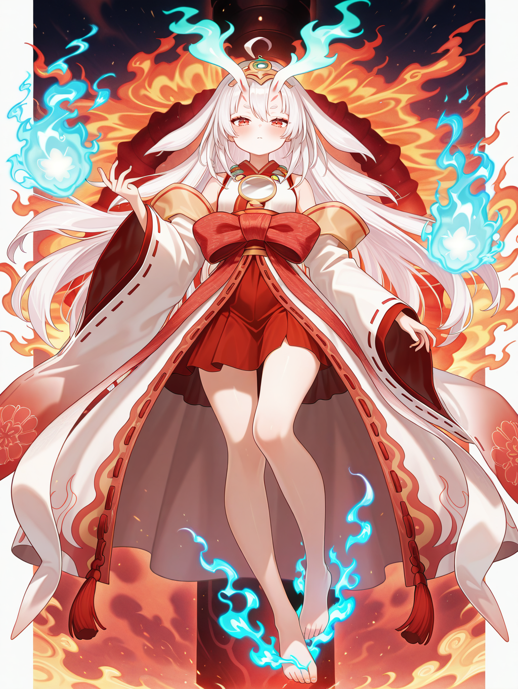 oni girl, kurikara divincarnate, 1girl, solo, barefoot, full body, looking at viewer, closed mouth, short eyebrows, hand up, blush, blue fire, white ribbon-trimmed sleeves, white sleeveless kimono, gold headpiece, mirror necklace, red bow, red hakama, floating
masterpiece,best quality,amazing quality,very aesthetic,absurdres,newest,<lora:Kurikara Divincarnate illuXL v1:0.84>,