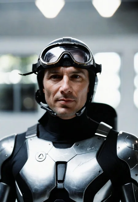 score_9, score_8_up, score_7_up, cyborg, ar3na1989, Kodak Motion Picture Film Style, 1boy, dark hair, mature, ((long face)), helmet goggles, (contrast light), (bokeh), sci-fi, bright atmosphere, ((white walls)), sallow skin, aesthetic,