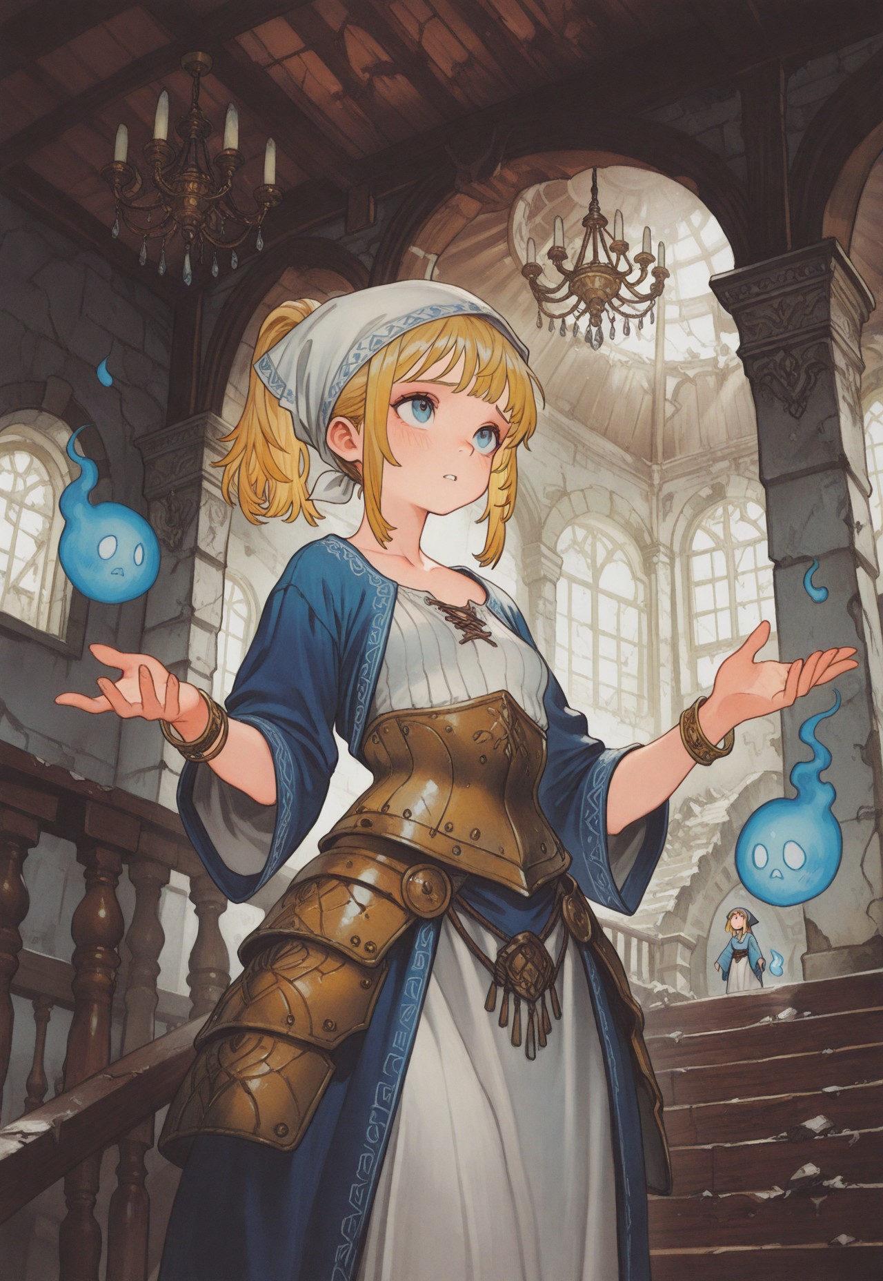 masterpiece, best quality, very aesthetic, absurdres, 
cowboy shot, 1girl, solo, 
little shaman, blue eyes, blonde hair, medium hair, high ponytail, sidelocks, bangs, small breasts, collarbone, 
head scarf, blue robe, white dress, long dress, wide sleeves, bracelet, bangle, armored corset, bronze corset, faulds, 
standing, light blush, parted lips, outstretched hand, open hands, outstretched arms, looking up, looking at another, reaching, from below, from side, worried, 
hitodama, spirit, 
indoors, day, sunlight, wooden stairs, window, arch, broken, wooden railing, banister, wooden ceiling, chandelier, door, architecture, abandoned, ruins, mezzanine, 
oygilmb 
rakugakingu 
bdbgil 