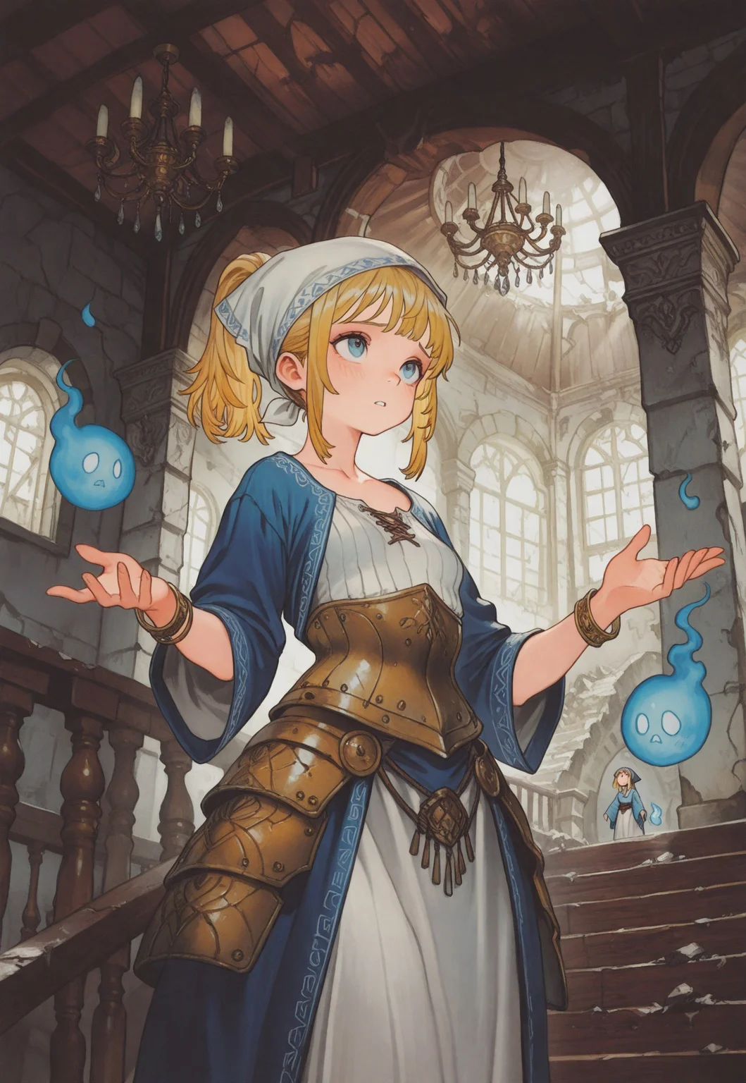 masterpiece, best quality, very aesthetic, absurdres,
cowboy shot, 1girl, solo,
little shaman, blue eyes, blonde hair, medium hair, high ponytail, sidelocks, bangs, small breasts, collarbone,
head scarf, blue robe, white dress, long dress, wide sleeves, bracelet, bangle, armored corset, bronze corset, faulds,
standing, light blush, parted lips, outstretched hand, open hands, outstretched arms, looking up, looking at another, reaching, from below, from side, worried,
hitodama, spirit,
indoors, day, sunlight, wooden stairs, window, arch, broken, wooden railing, banister, wooden ceiling, chandelier, door, architecture, abandoned, ruins, mezzanine,
oygilmb
rakugakingu
bdbgil