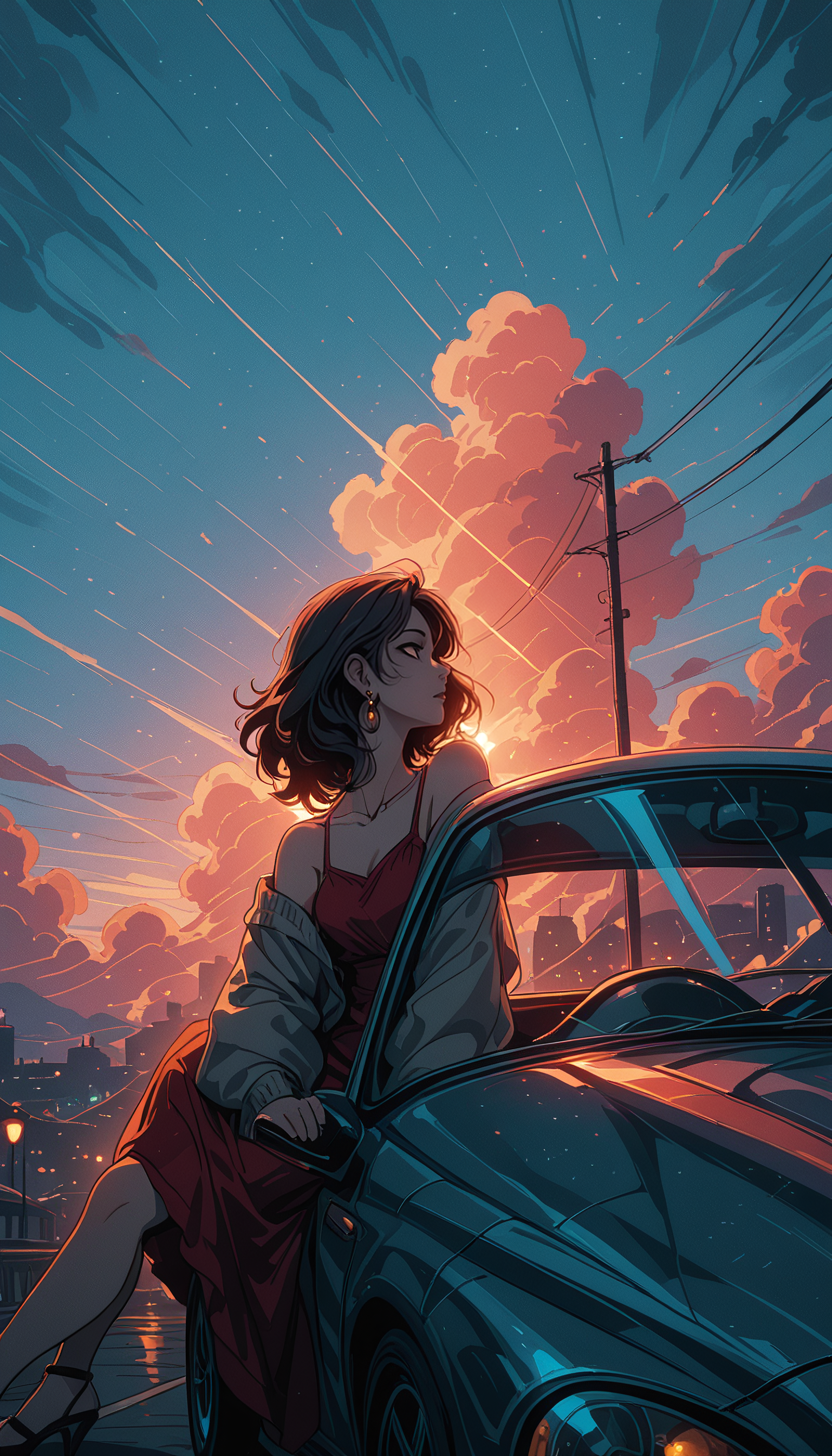masterpiece,
pinkretroanime, retro art,
Cyberpunk Style, cyberpunk, science fiction, hi tech, future tech, neon, (Cybernetics:1.25), (Neon Cityscape:1.4), (lineless:1.5), smooth edges, (lighten the face:1.5), tall body, slender body, fit body, long legs, The image portrays a serene night scene with a young woman sitting in the driver's seat of a classic convertible car. She is elegantly dressed in a red dress, and her dark hair falls softly around her shoulders. Her right hand rests lightly on the steering wheel, while her left arm is casually resting on the side window. The car, with its vibrant red interior, is parked on the side of a road that cuts through a vast landscape. The woman gazes out into the night sky, where constellations twinkle against the deep blue backdrop, suggesting she might be lost in thought or simply enjoying the view. In the distance, large red clouds cast a dramatic contrast to the cooler tones of the evening. A highway stretches out behind the car, curving gently into the horizon. The overall atmosphere of the image is one of tranquility and introspection, with the woman appearing relaxed and at peace in her solitary journey under the starlit sky., 1girl, solo, long hair, breasts, short hair, open mouth, bangs, brown hair, shirt, black hair, long sleeves, dress, bare shoulders, brown eyes, jewelry, sitting, closed mouth, collarbone, jacket, full body, earrings, outdoors, parted lips, open clothes, sky, shoes, sleeveless, day, cloud, medium hair, necklace, off shoulder, nail polish, black footwear, black eyes, high heels, from side, blue sky, lips, looking to the side, profile, makeup, night, sleeveless dress, looking away, expressionless, red dress, sandals, sunlight, cardigan, crossed legs, cloudy sky, looking up, lipstick, ground vehicle, red shirt, motor vehicle, camisole, rain, sunset, red lips, car, looking afar, vehicle focus, power lines, lamppost, twilight, utility pole, evening, dusk, driving, strappy heels, car interior, sports car, on vehicle