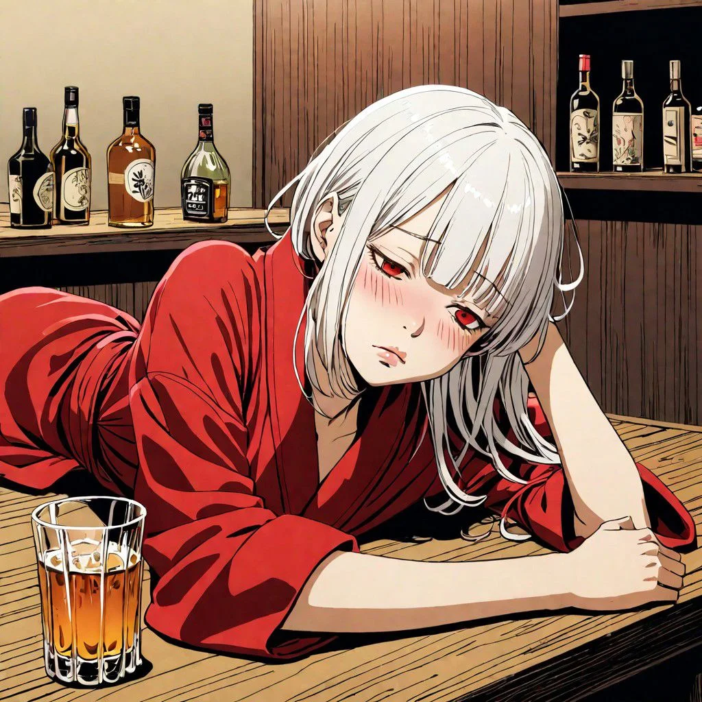1girl, lying down on her arm on a table, loosened red bathrobe, bare shoulder on one side only, in the art style of Junji Ito, short white hair, hair over eyes, sleepy red eyes, drunk and sleepy facial expression, tired, drunk, drunk face, drunken face, intoxicated, indoors, pouting lips blushing, short hair, solo, tattoo, cinematic angle, foreshortening, dark background, cinematic lighting, masterpiece, best quality