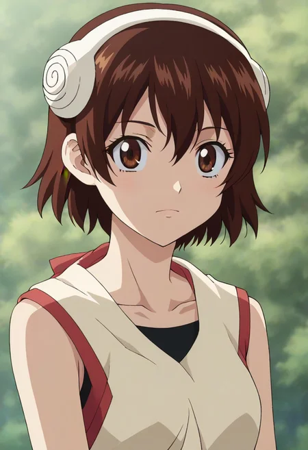 <lora:SlimesYuzuriha:1>, slimes_yuzuriha, woman, solo,short hair,brown hair,brown eyes,