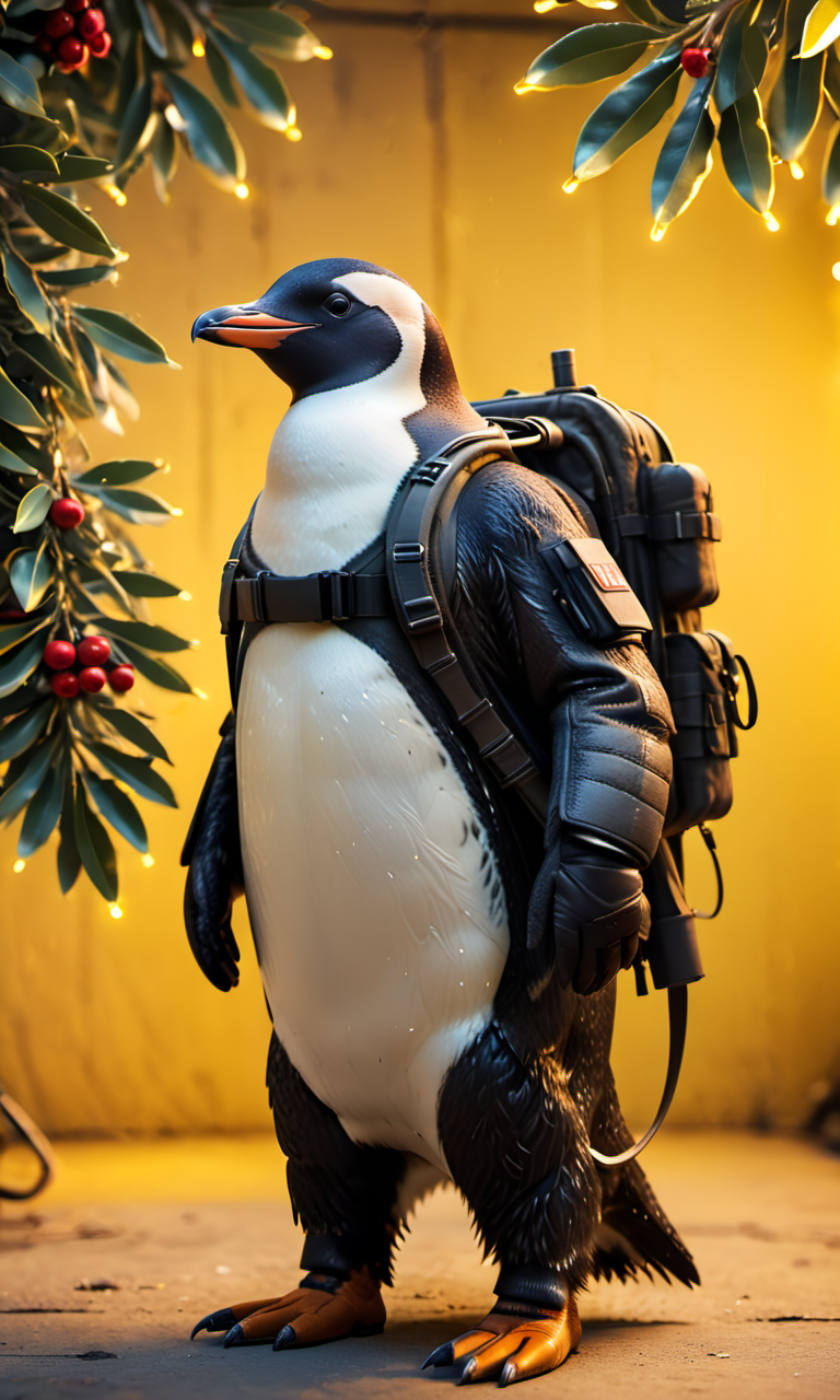 full body portrait in the color scheme of (neon yellow:1.4) (neon reddish_yellow:1.1) of a (PENGUIN:1.1) with (tactical military gear:1.3), (nuclear bomb strapped back:1.1) (mistletoe decorations:1.6) grand photograph, Polaroid, canon 5d mark 4, (yellow neon light background:1.7), kodak ektar, elaborate detail <lora:realistic_film_photography:0.75> realistic film photography <lora:mistletoe_mercenaries:0.9> mistletoe mercenaries <lora:add-detail-xl:0.7>, subsurface scattering, ultra hd, 4k, high def, Photorealistic, Hyperrealistic, Hyper detailed, analog style, realistic, masterpiece, best quality, ultra realistic, 8k, Intricate, High Detail, film photography, soft lighting,  heavy shadow