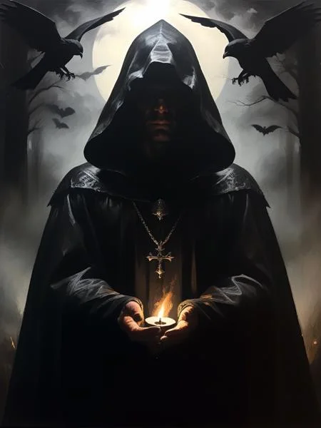 <lora:03realismPainting_Hap_XL:1>, realism American art painting oil painting,masterpiece,highly detailed, solo, dark silhouette, unholy, sinfully, wicked, ritual, dark night, pitch_black, hood, cloak, aura, witchcraft, mysterious, best quality, realistic, highly detailed