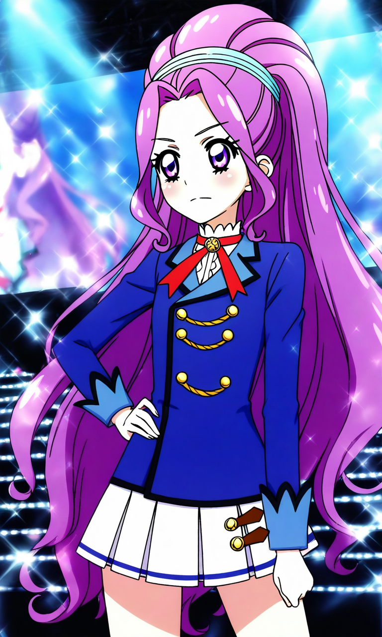 general,highres, ultra-detailed,very aesthetic,best quality ,best hands, BREAK <lora:Kanzaki_Mizuki_aikatsu!_IS:1>
kanzaki_mizuki(aikatsu!), 1girl, solo, purple hair, purple eyes, long hair, ponytail, high ponytail, hairband, very long hair,
starlight academy school uniform,
sparkle, hand on hip, stage,