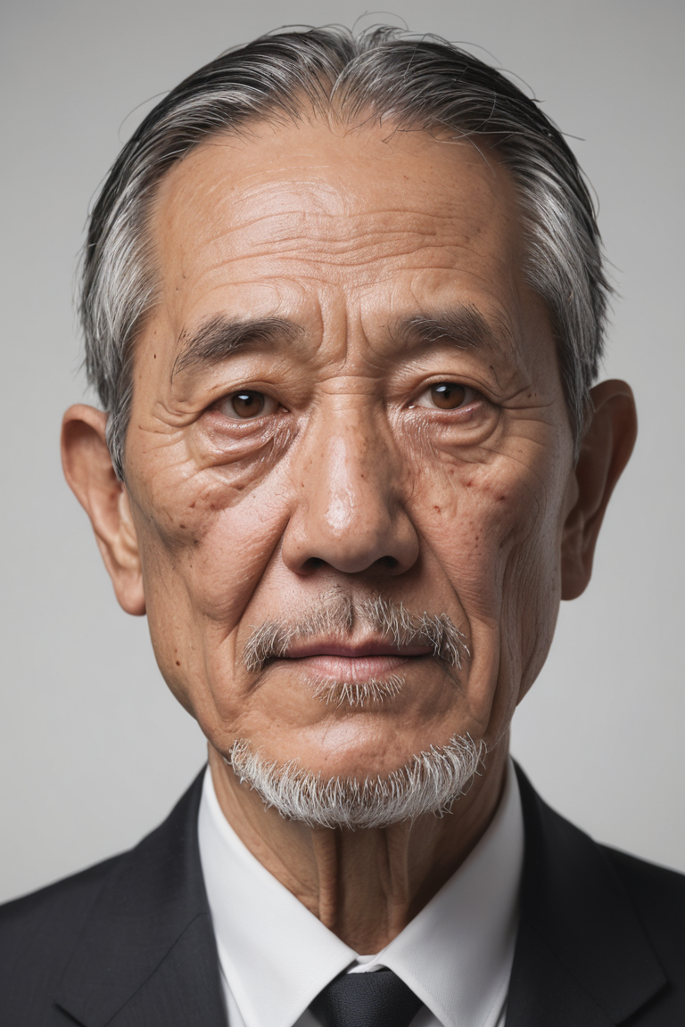 Realistic,Chinese old man portrait,upper body,short black hair,black eyes,indoors,white background,wearing a black suit,cool white lighting,looking at viewer,pale white beard,weathered facial wrinkles