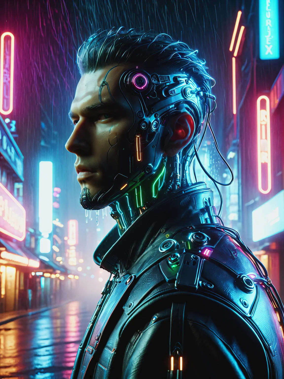 mad-cbrbdy man , surreal digital cityscape, haze, steam, rain, neon light, cyberpunk, classic headshot pose <lora:Neon_Cyberpunk_Cyberbody_v2_SDXL:0.8>, raw photo, film grain, Fujifilm XT3, (photorealistic, realistic:1.2), deep shadow, 8k, uhd, dslr, ultra high res