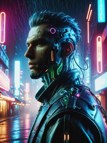 mad-cbrbdy man , surreal digital cityscape, haze, steam, rain, neon light, cyberpunk, classic headshot pose <lora:Neon_Cyberpunk_Cyberbody_v2_SDXL:0.8>, raw photo, film grain, Fujifilm XT3, (photorealistic, realistic:1.2), deep shadow, 8k, uhd, dslr, ultra high res