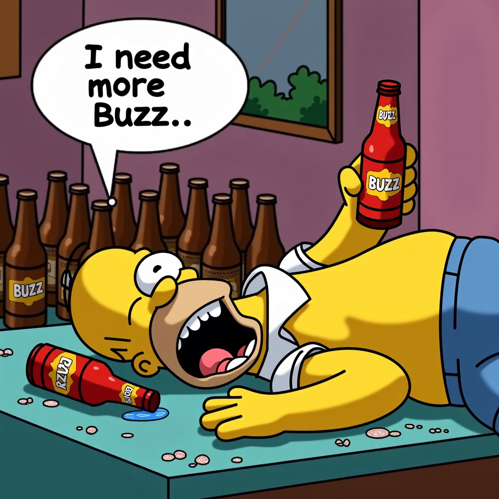 A cartoon image of Homer Simpson, lying face down on a table, asleep. His mouth is open with drool coming out, clearly drunk, with a red beer bottle labeled "Buzz" loosely held in his hand. A speech bubble coming from Homer says "I need more Buzz". The scene is humorous, with a messy table covered in beer bottles. Homer's belly is slightly exposed, and the expression on his face shows contentment despite the drool. The overall mood is light-hearted and comical.