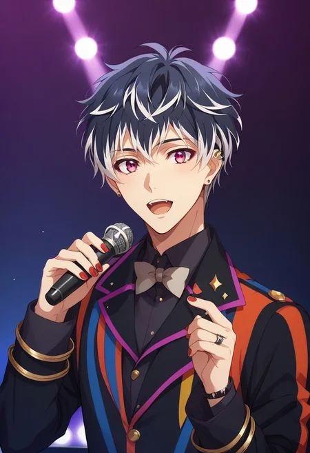 score_9, score_8_up, score_7_up, source_anime, highly detailed,
momosesunohara, 1boy, male focus, microphone, black hair, white hair, two-tone hair, streaked hair, multicolored hair, open mouth, solo, idol, holding microphone, upper body,
holding, purple eyes, looking at viewer, idol uniform, nail polish, red nails,
stage, stage lights,