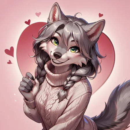 score_9, score_8_up, score_7_up, source_furry, rating_safe, detailed,
1girl, solo, upper body, valentine theme, hearts,
abstact background, hearts background, valentine background,
furry female, (anthro wolf girl:1.2), beautiful girl, cute girl, adult, beautiful face, detailed face, perfect eyes, detailed eyes, green eyes, gray hair, braided hair, gray twinbraids, good hand, wolf tail,
oversized clothed, aran sweater, sweater dress, oversized sweater,
(jumping:1.1), (dynamic pose:1.2), happy, happy expression, grin, love, lovestruck, sending love to viewer, sitting, from above