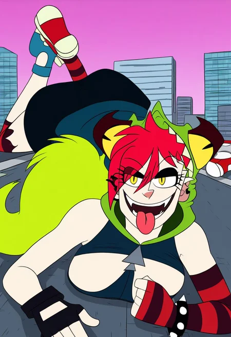 demencia, red hair, green ponytail, striped thighhighs, single striped sock, anklet, green monster hood, yellow eyes, sharp teeth, dark blue hoodie, single striped sleeve, red sneaker, blue sneaker, black skirt, smile, eyeshadow, spiked bracelet, zipper pull tab, torn pantyhose, glove, tongue out, Pov-giantess (macrogts:1.1) (laying on a city (prone) at sunset:1.1), the buildings underneath her body are crushed,