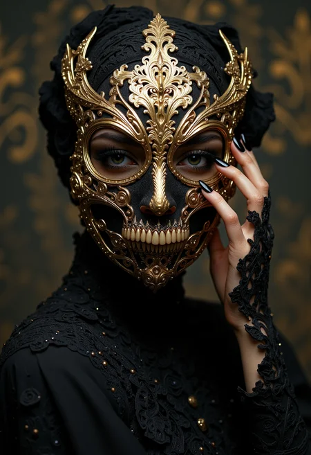 Style of Edward Robert Hughes, sci-fi style, ethereal fantasy, concept art of  
, delicate graceful gothic woman 22yo,dark smokey makeup,  pristine skin , powerful witch, 
Her face is covered by an ornate, intimidating, gold filigree face skull mask with intricate mesh details, reflecting a fusion of mysticism and aristocratic elegance,
 highly detailed, incredible random luxurious  background . magnificent, celestial, ethereal, painterly, epic, majestic, magical, fantasy art, cover art, dreamy, <lora:Anime Art V3:0.5> <lora:aidmaMJ6.1_v0.5_3:0.5> . futuristic, technological, alien worlds, space themes, advanced civilizations, <lora:flux.1_lora_flyway_Epic-detail_v2:0.5> <lora:Sinfully_Stylish_.02_for_FLUX:0.5>
