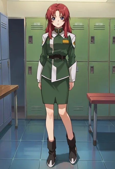 score_9,score_8_up,score_7_up,score_6_up,score_5_up,score_4_up,anime coloring,source_anime,<lora:Meyrin_Hawke_SEED_Destiny_Pony:0.8>,meyrin,1girl,solo,blue eyes,red hair,long hair,green jacket,belt,green skirt,black boots,standing,indoors,locker room,looking at viewer,