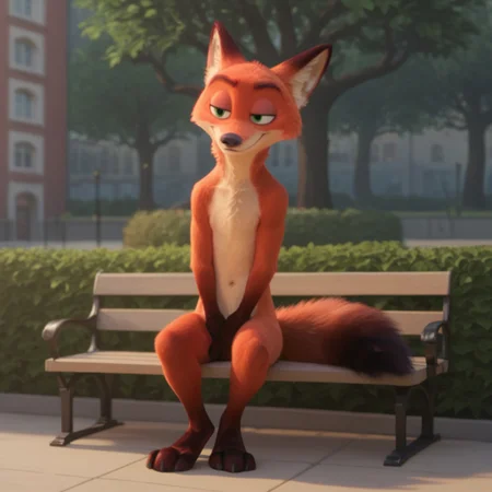score_9, score_8_up, score_7_up, score_6_up, score_5_up, score_4_up, source_furry, WildeNickzt, anthro, male, fox, orange fur, green eyes, sitting, on a park bench, crossed legs, smile, hands covering crotch,