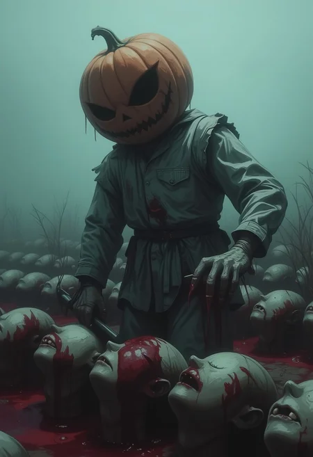 (((8k resolution))), (((absolute masterpiece))), (((best quality))), ultra detailed, score_9, score_8_up, score_7_up, eerie and dark atmosphere, a scarecrow with a large pumpkin head, jagged carved eyes and a sinister grin, standing in a blood-soaked field, cultivating rows of human heads with blood dripping from them, the scarecrow's tattered clothing flutters in the wind, sharp, claw-like hands holding farming tools, dim and foggy sky in the background, blood splattered on the ground, soft shading, subtle details, unsettling yet captivating scene.