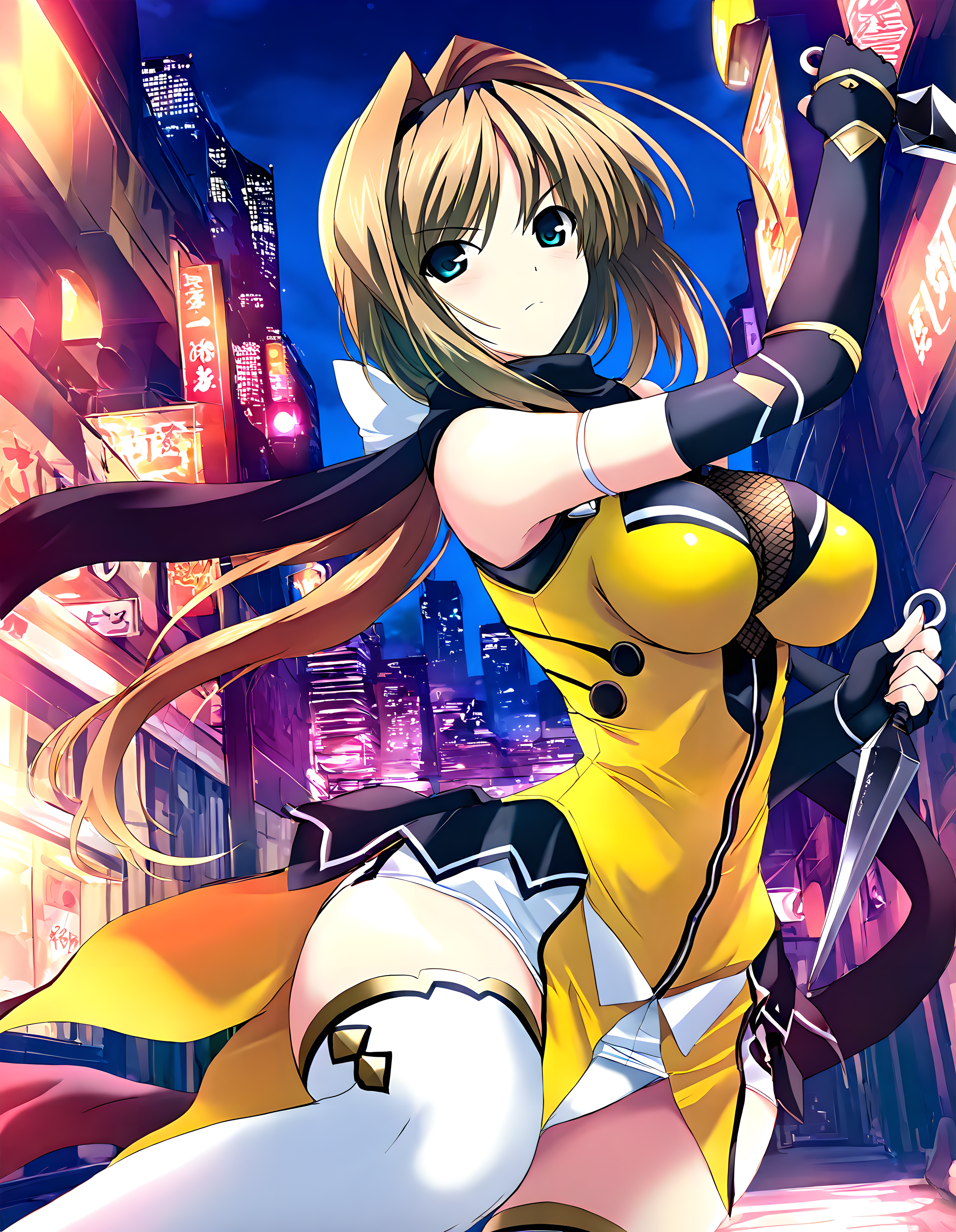 <lora:illustrious_XL_takamori:0.8>,takamori,masterpiece,best quality,good quality,1girl,solo,scarf,yellow clothes,mesh shirt,elbow gloves,fingerless gloves,white thighhighs,night,city,standing,holding_weapon,kunai,reverse grip,v-shaped eyebrows,closed mouth,
