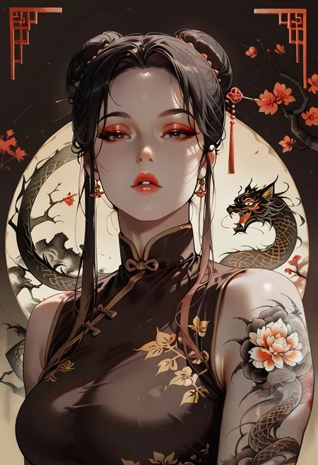 masterpiece, best quality, 32k, high resolution, absurdres, Chinoiserie, Mei, MeiRH, 1woman, mature woman, chinese woman, Very long black hair, brown gradient hair, high hair bun, brown eyes, asian eyes, pale skin, medium breasts, full right arm tattoo, big back tattoo, portrait, face closeup, front view, sleeveless Chinese dress, color splashes background, aesthetic, detailed eyes, upper body, looking at the viewer, parted lips, red lipgloss, eyeliner, makeup