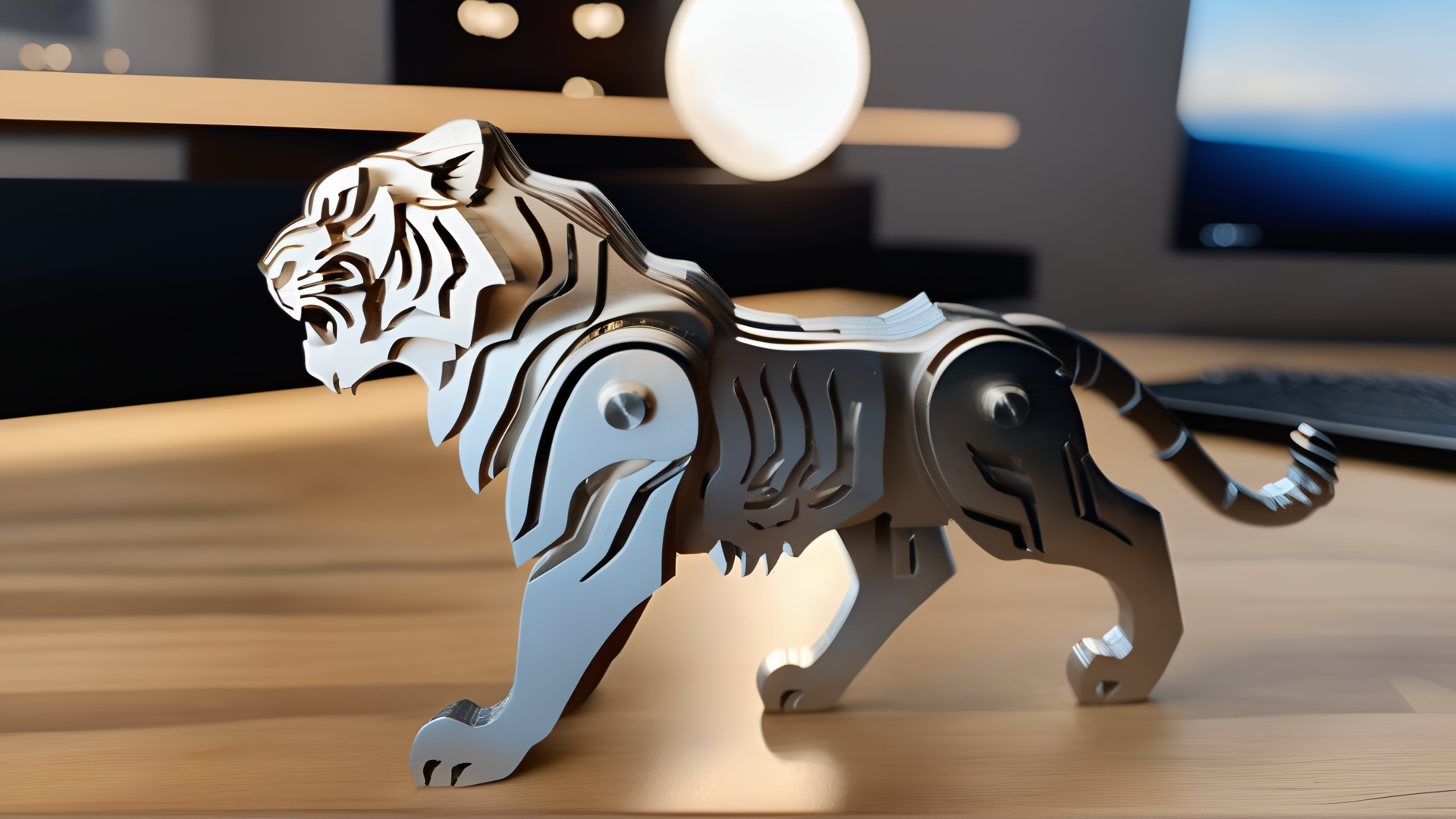<lora:splicingtoycd_xl-000012:0.8>,a plane style steel tiger made of splicingtoycd_xl on wooden desktop,three-dimensional puzzle,simple-structured,detailed,hi-res photo,chinese zodiac,no humans,silver theme,close-up,indoors,living room,simple background, emotional,harmonious,high budget,moody,epic,gorgeous,perfect lighting,realistic,photorealistic,photographic,photo (medium),real,moody lighting,volumetric lighting,reality ray tracing,8K,HDR,UHD,masterpiece,best quality,highly detailed,high resolution,finely detail,extremely detailed,ultra detailed,wallpaper
