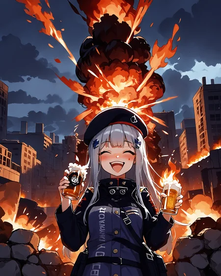 rating_safe, <lora:hk416.pony:1> hk416, def, beret, solo, holding beer bottle, drunk, laughing, heavy blush, <lora:ahebomb_pony:0.8> explosion, cloud, smoke, building, burning city ruins background, explosions and flames everywhere in background, explosions, more explosions, more fire, through the fire and flames by dragonforce, fire and explosions covering whole background,