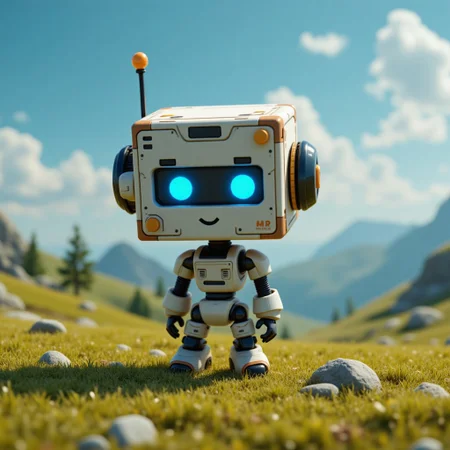 aidmafluxpro1.1, M1CR0CUB3D, cube, cube mech, cute, digital eyes, voxel, realistic, wires, futuristic, blue LED eyes, robot, mech, grass landscape, isometric view, high quality
