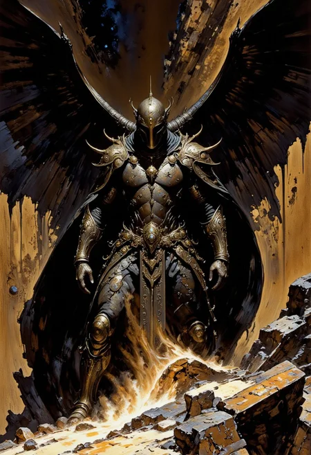 Frank Frazetta fantasy oil painting of a terrifying angel of death with black wings and torn ragged ancient robes, hooded cloak to hide their face, intricate black and silver metal armor mtlartCE_style