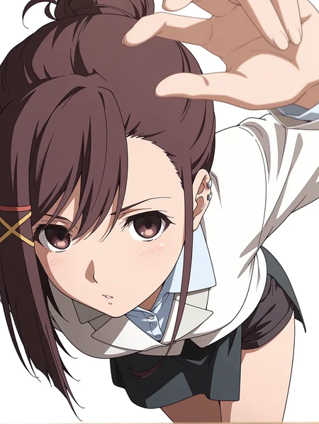 masterpiece,best quality,newest,
1girl,solo,
<lora:sakurai_kanade_ilxl_v1.0>,brown hair,single hair bun,x hair ornament,brown eyes,short hair,
k_clothes,uniform,white jacket,shirt,black skirt,black shorts under skirt,
<lora:Fixhands_anime_bdsqlsz_V1:1>,dynamic_angle,cinematic_angle,white_background,simple_background,looking_at_viewer,standing,