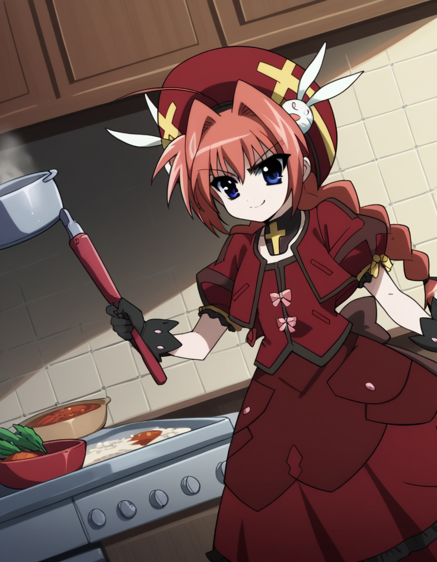 score_9, score_8_up, score_7_up, source_anime, <lora:vita-movie2-ponyxl-lora-nochekaiser:1>, vita, blue eyes, braid, ahoge, red hair, twin braids, rabbit hair ornament,, gloves, hat, dress, weapon, open clothes, open jacket, magical girl, red dress, cropped jacket, hammer,, kitchen, cooking, apron, cutting vegetables, home cooking, smile, , v,, solo,, dutch angle,