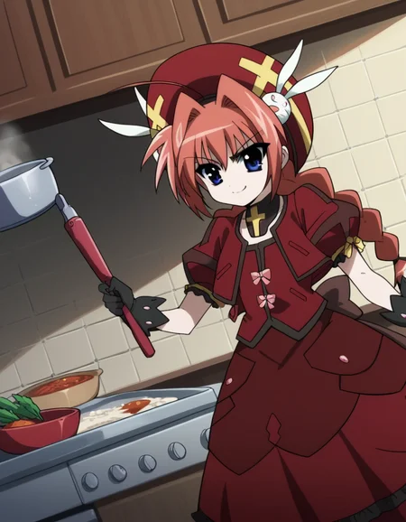 score_9, score_8_up, score_7_up, source_anime, <lora:vita-movie2-ponyxl-lora-nochekaiser:1>, vita, blue eyes, braid, ahoge, red hair, twin braids, rabbit hair ornament,, gloves, hat, dress, weapon, open clothes, open jacket, magical girl, red dress, cropped jacket, hammer,, kitchen, cooking, apron, cutting vegetables, home cooking, smile, , v,, solo,, dutch angle,