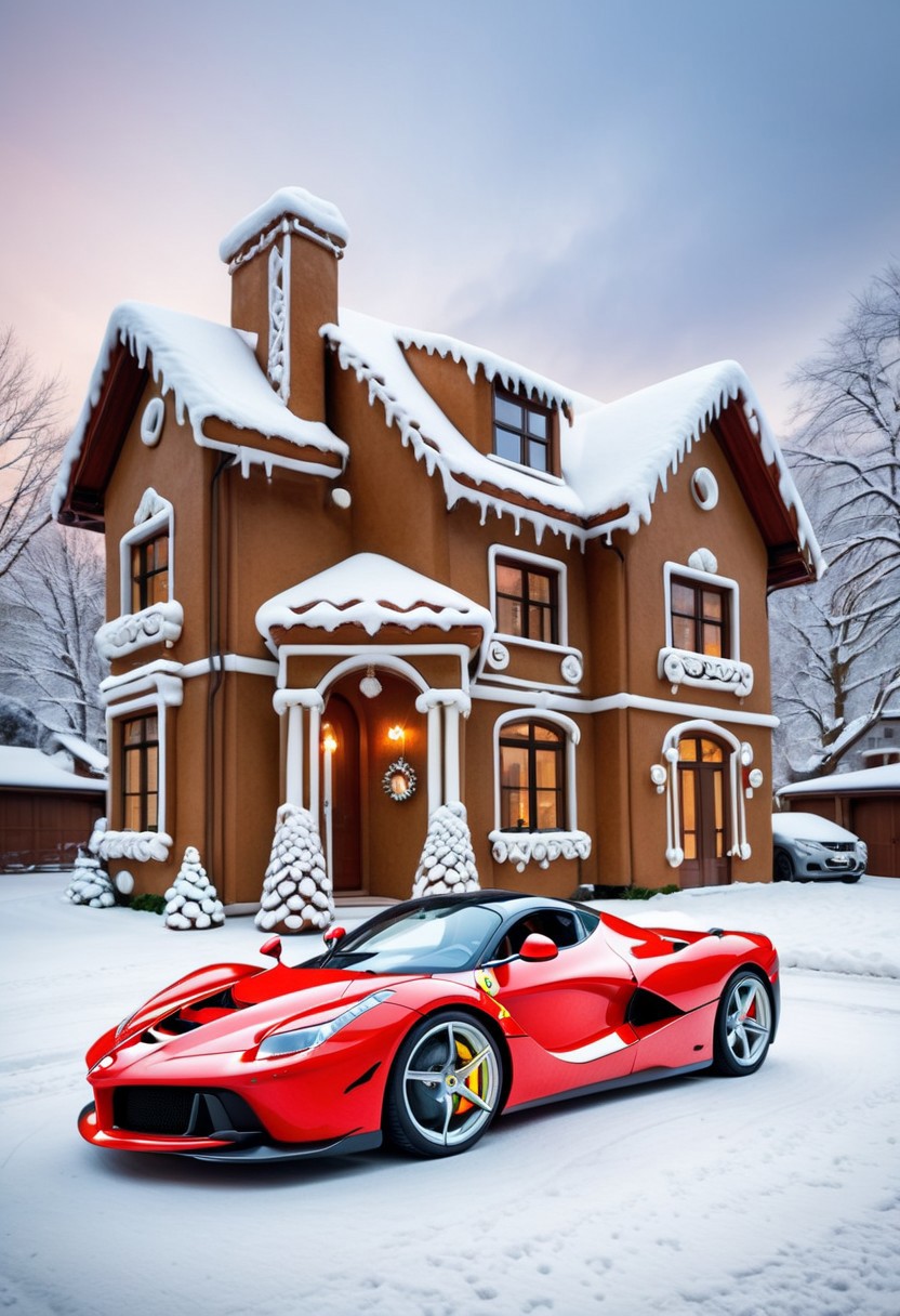 Ferrari laferrari,winter ,in front of house.Christmas<lora:GingerbreadStyle_epoch_10:0.7>