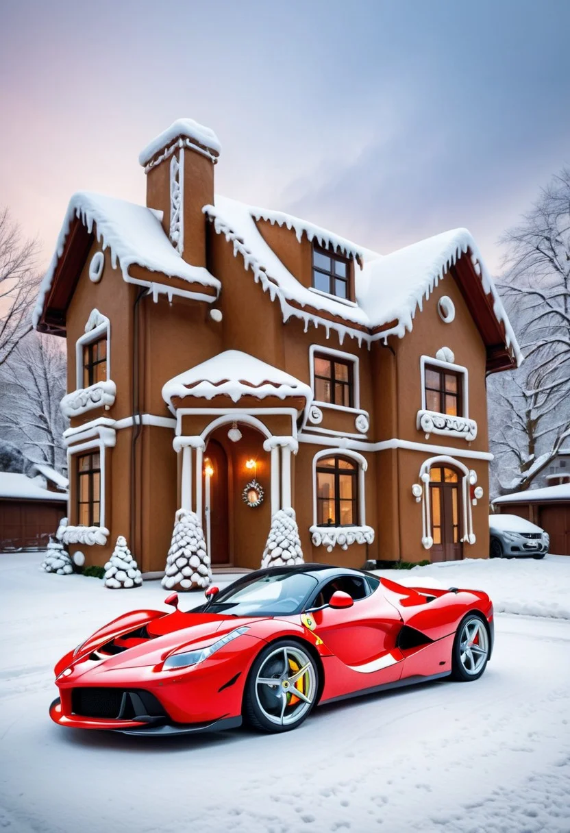 Ferrari laferrari,winter ,in front of house.Christmas<lora:GingerbreadStyle_epoch_10:0.7>