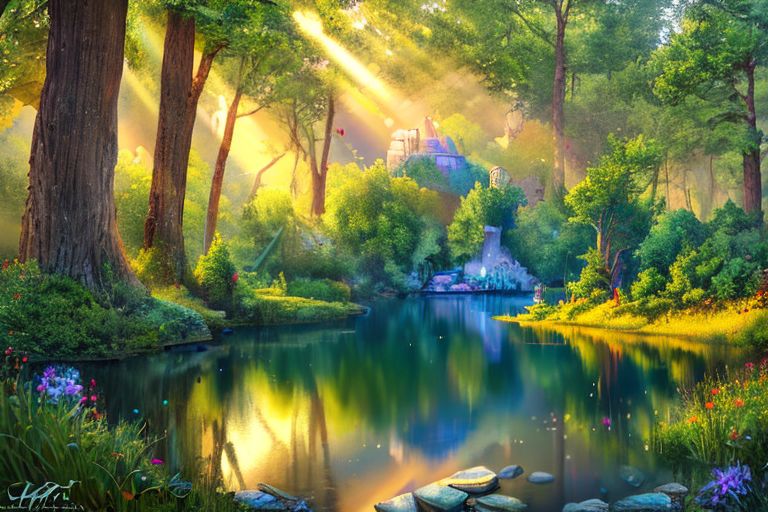 (masterpiece:1.2), (best quality,:1.2), 8k, HDR, ultra detailed, ((photorealistic)), professional light, cinematic lighting, fashion photography, ambient lighting, face lighting,  <lora:detail_slider_v4:4.>, a small lake in a forest, sunlight, godrays, reeds, FanFo, <lora:FantasyForest-10:0.9>, epiCPhoto