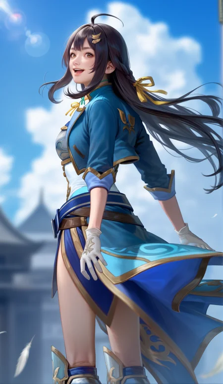 score_9,score_8_up,score_7_up,
<lora:xinxianying:0.9>,xinxianying,
highres,photorealism,bloom,
1girl,solo,long black hair,bangs,ahoge,
yellow eyes,
1girl,solo,long black hair,bangs,ahoge,bouncing hair,hairclip with blue ribbon,yellow eyes,looking at viewer,looking back,open smile,blue short jacket,silver chest armor,white and cyan dudou,blue belt,brown belt with yellow ribbon,tassets,blue and cyan overskirt,rope choker,white gloves,armor knee boots,feet out of frame,standing,cowboy shot,back view,from below,
blurry background,
outdoors,
blue sky,cloud,feathers in the background,
light particlest,Lens Flare,