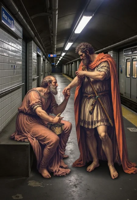 Tarquin the Elder Consulting Attius Navius by Sebastiano Ricci manipulated as a scene at an underground metro station.