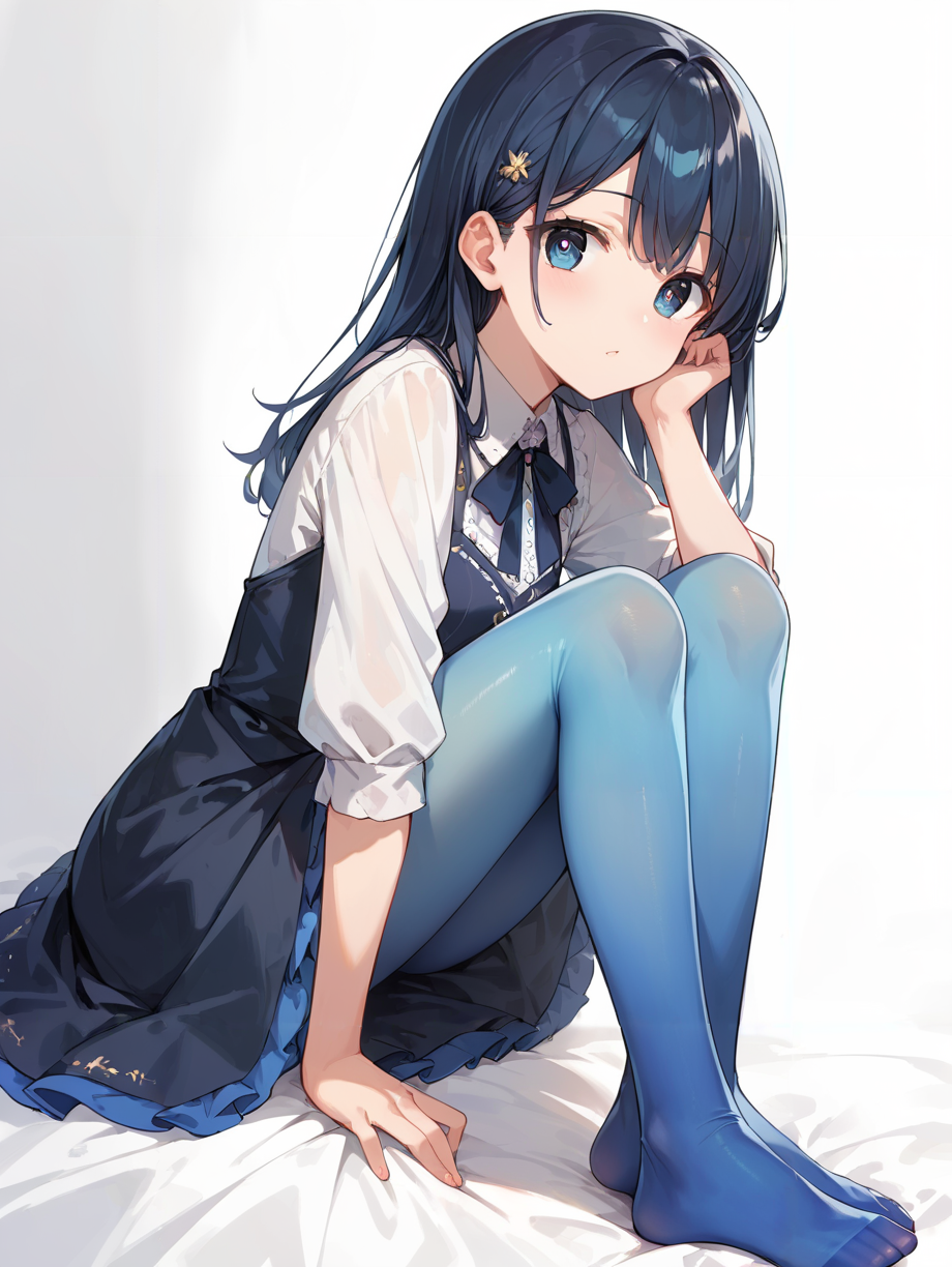 score_9, score_8_up, score_7_up,source_anime, high res image,masterpiece,best quality,(girl:1.0),cute face,clear skin,shiny hair,ultra detailed eyes,simple background, dress,<lora:gradient pantyhose_pony_V1.0:0.7> gradient pantyhose,blue pantyhose,no shoes