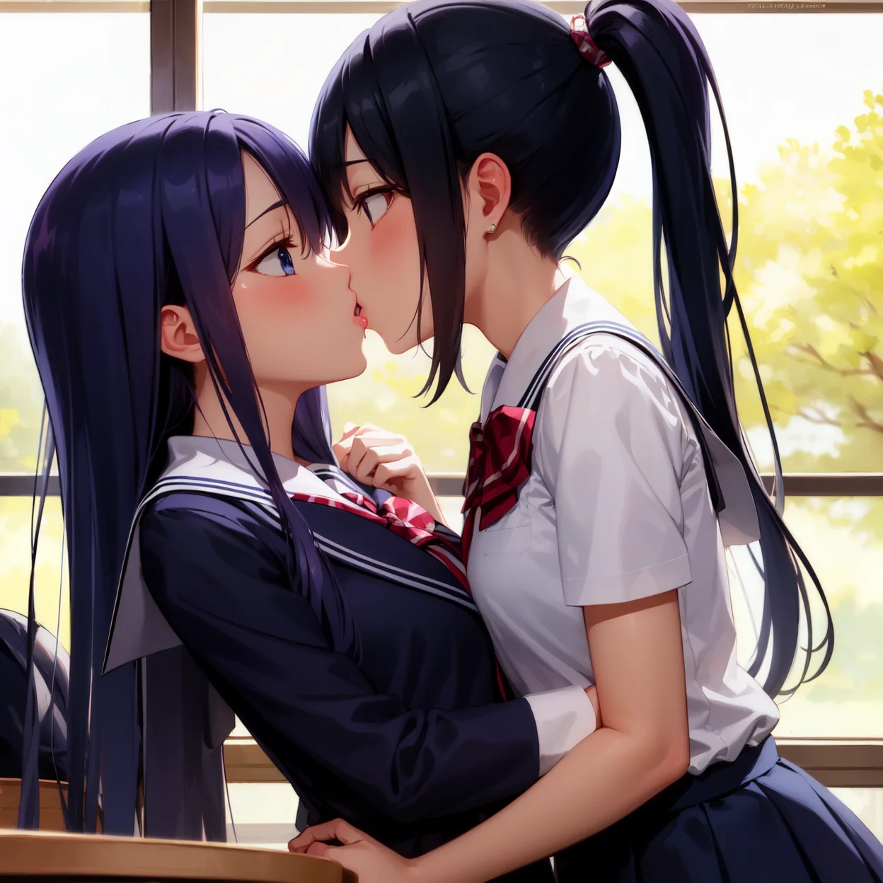 two girls yuri, kiss, <lora:animeKissesLocon_v1:0.7>, school uniform,