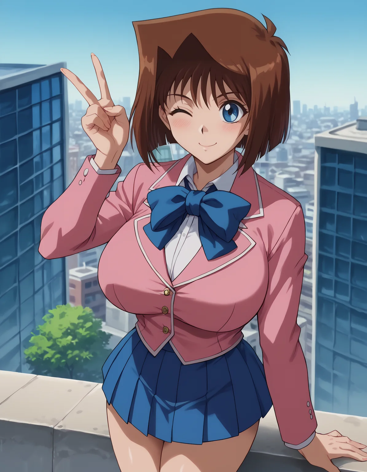 <lora:Anzu_MazakiPonyXL:0.7>, score_9, score_8_up, score_7_up, score_6_up, source_anime, anime screencap, BREAK, uncensored, brown hair, short hair, blue eyes, athletic sexy body, slim waist, huge breasts, anzumazakispe, blush, smile, curvy, school uniform, blue bowtie, blazer, pink jacket, long sleeves, pleated skirt, blue skirt, rooftop, city, smile, peace sign, one eye closed,<lora:Anime_Screencap:1>, <lora:PerfectEyesXL:1>, <lora:thicc_v1.4-pony:1>,