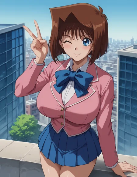 <lora:Anzu_MazakiPonyXL:0.7>, score_9, score_8_up, score_7_up, score_6_up, source_anime, anime screencap, BREAK, uncensored, brown hair, short hair, blue eyes, athletic sexy body, slim waist, huge breasts, anzumazakispe, blush, smile, curvy, school uniform, blue bowtie, blazer, pink jacket, long sleeves, pleated skirt, blue skirt, rooftop, city, smile, peace sign, one eye closed,<lora:Anime_Screencap:1>, <lora:PerfectEyesXL:1>, <lora:thicc_v1.4-pony:1>,