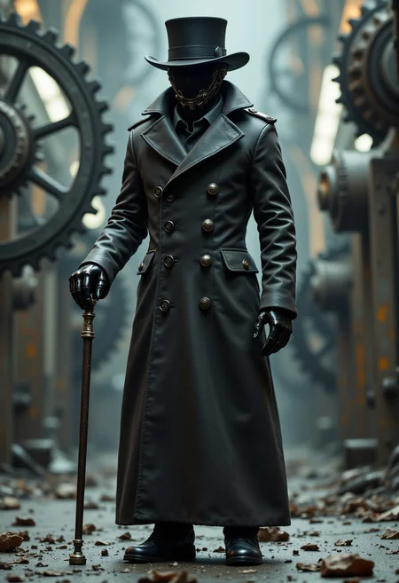 humanoid robot in a long winter coat with large buttons on it, a black top hat on his head, holding a cane in his hand, large gears in the background. aidmafluxpro1.1