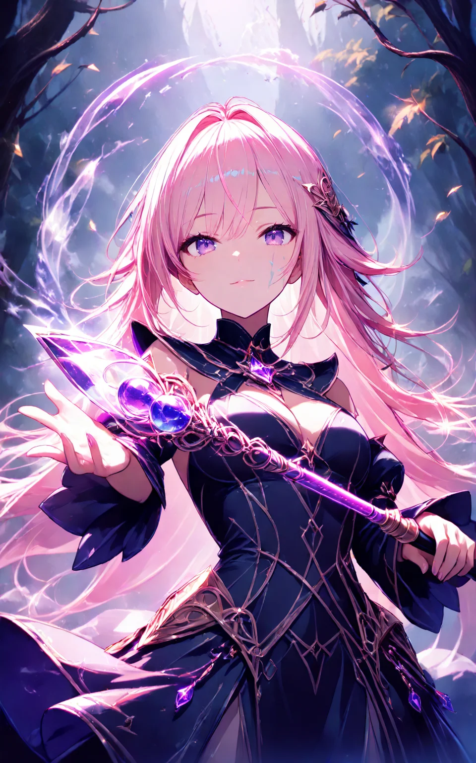 evil witch,dark forest,holding magic wand,glowing wand,eerie smile,messy long hair,dramatic lighting,cinematic shot,looking at viewer,magical mist,detailed face,fantasy setting,dark ambiance,(best quality:1.1),(masterpiece:2),(illustration, 8k CG, extremely detailed),ultra-detailed,Cinematic Lighting,<lora:civichan-base-01-XL:0.8>,civchan,pink hair,purple eyes,<lora:detailed_notrigger:1>,<lora:xl_more_art-full_v1:0.8>,