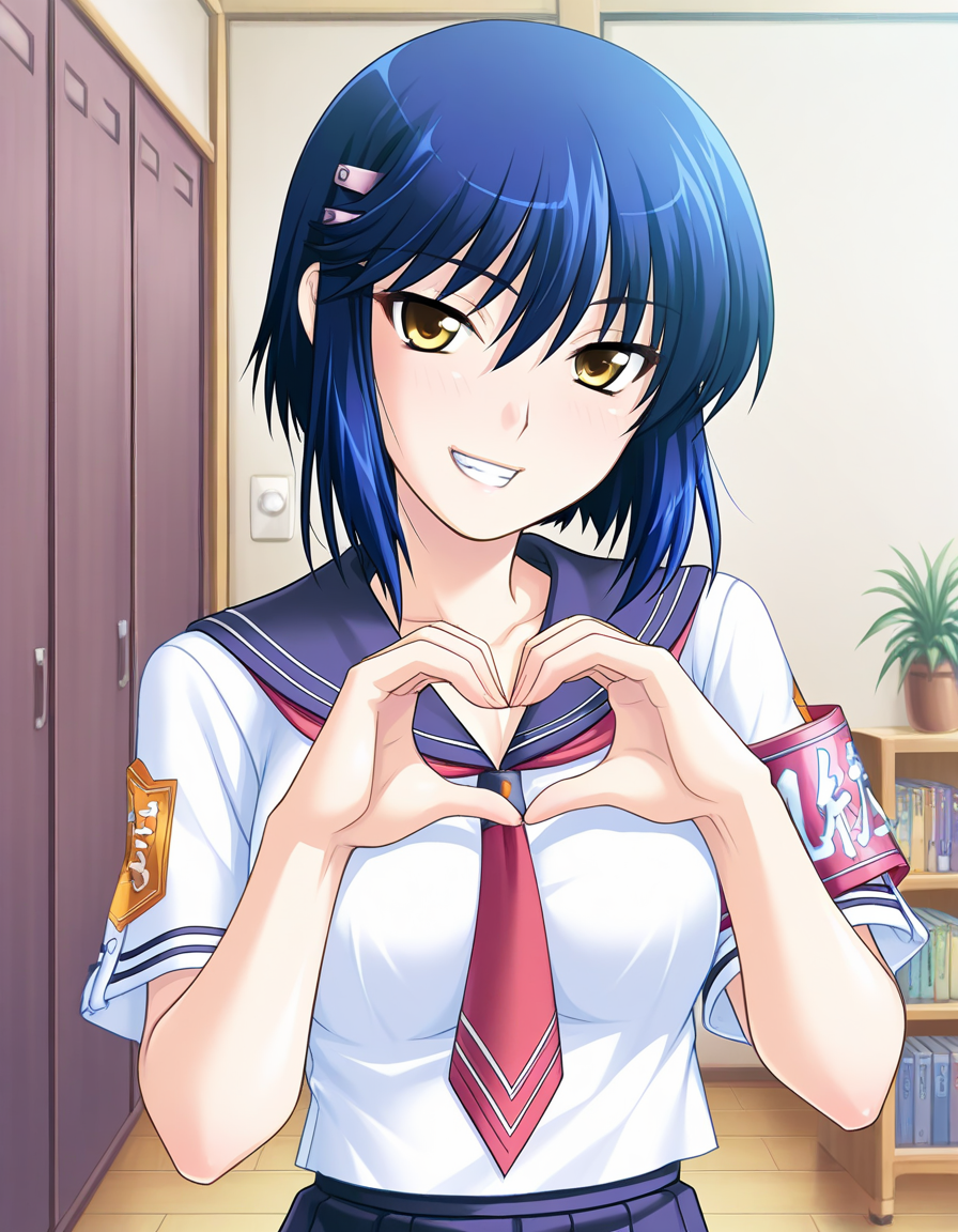 masterpiece, best quality, amazing quality, very aesthetic, absurdres, official art, ultra detailed,
1girl, solo, kurogane_otome(tsuyo_kiss ), blue hair, short hair, yellow eyes, hairclip BREAK
school uniform, white serafuku, skirt, armband, 
grin, looking at viewer, 
standing, heart hands, 
in room, upper body, sharp focus, depth of field
<lora:kurogane otome v1.0-000013:1>