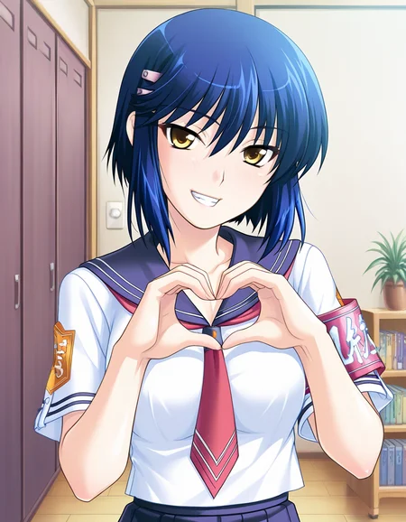 masterpiece, best quality, amazing quality, very aesthetic, absurdres, official art, ultra detailed,
1girl, solo, kurogane_otome(tsuyo_kiss ), blue hair, short hair, yellow eyes, hairclip BREAK
school uniform, white serafuku, skirt, armband,
grin, looking at viewer,
standing, heart hands,
in room, upper body, sharp focus, depth of field
<lora:kurogane otome v1.0-000013:1>
