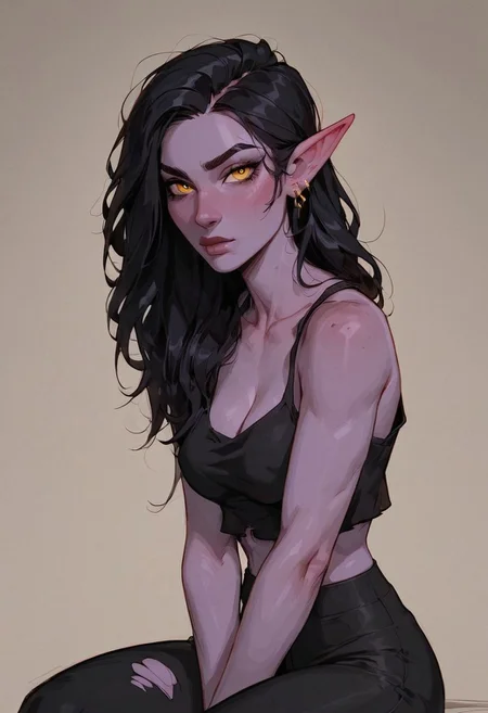 score_9, score_8_up, score_7_up, 1girl, tough, strong female elf sitting on a simple bunk in a dimly lit jail cell, stone walls and a barred window casting soft moonlight over the scene. The elf has purple skin, golden eyes with a weary hungover gaze, and long, slightly messy black hair. She is thin but toned, with a fit body and small waist. Her outfit is torn black yoga pants and a matching tank top. She has a groggy hungover look on her face, looking directly at the viewer, despite her disheveled appearance. Her expression and body language convey exhaustion, suggesting she’s recovering from a wild night. Subtle details like faint bruises, and a slightly flushed face hint at her hungover state. The setting emphasizes her raw and unrefined beauty, with textures of the cold stone and soft moonlight adding depth